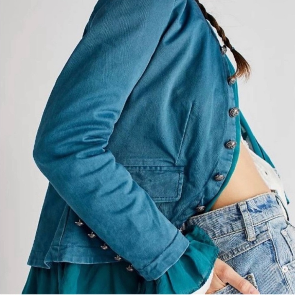 Free People Ruffles Romance Jacket in Teal Jewel - Picture 6 of 9